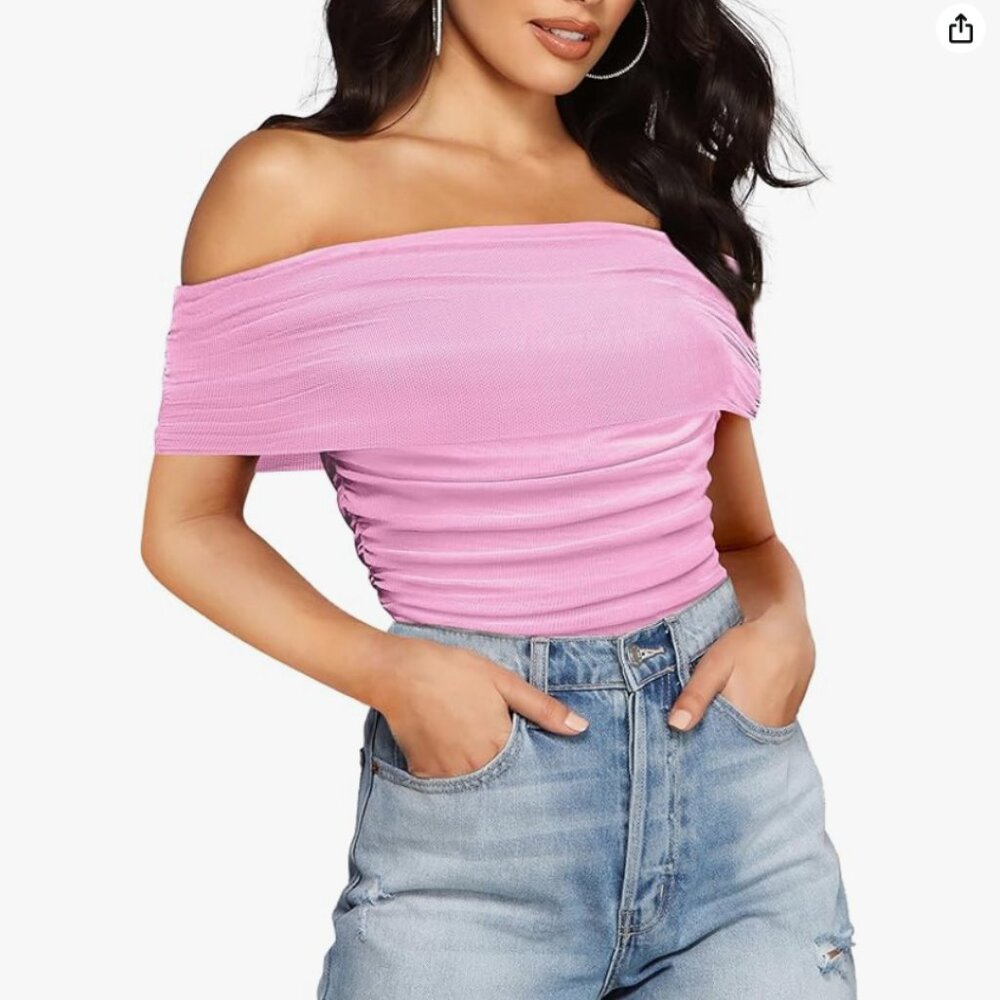 SAUNGKUAI Women's XXL Bodysuit Off the Shoulder Mesh Ruched Top Blouse Pink